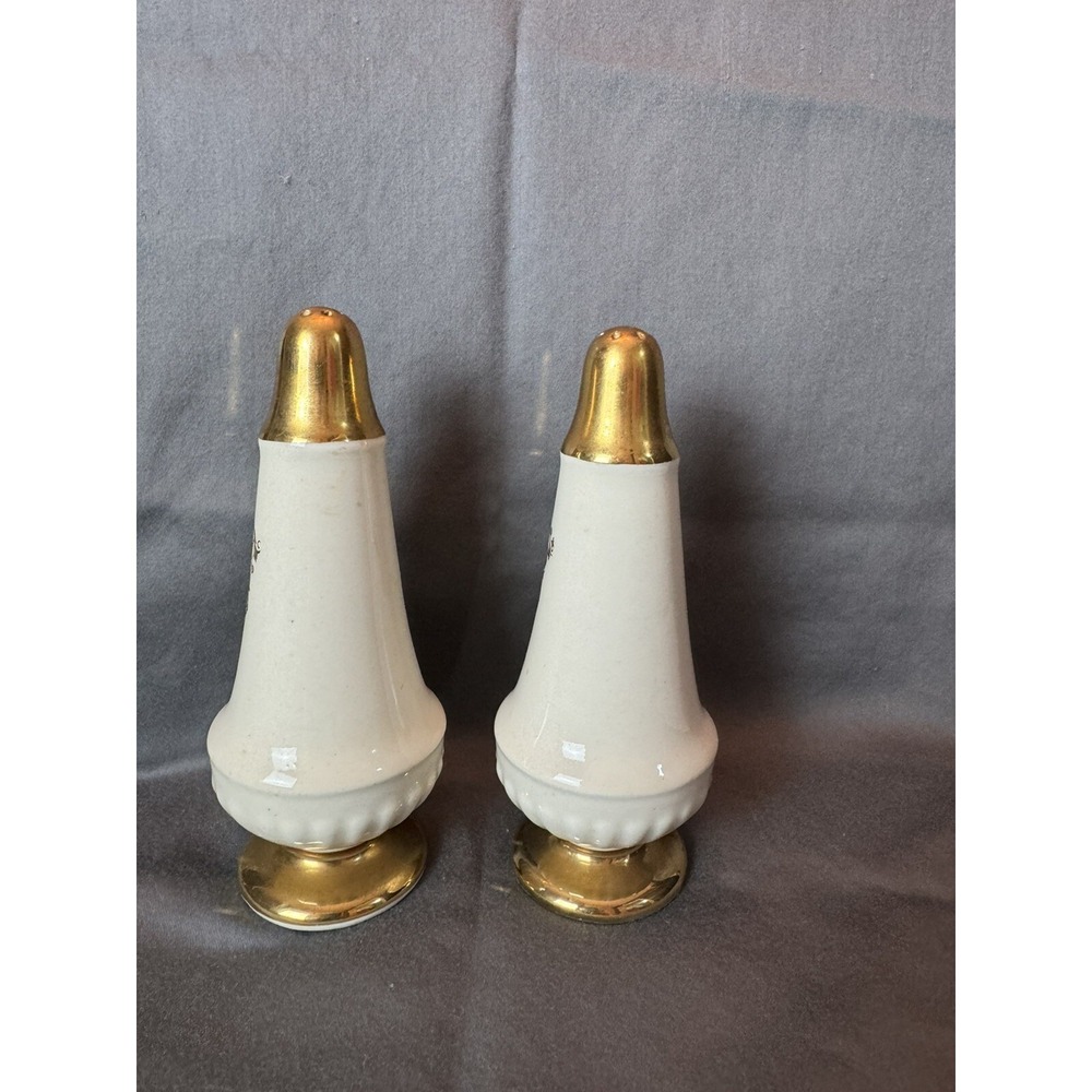 Vintage MCM Lusterware? Art Deco Salt Pepper Shakers Iridescent White Pearl Gold - Picture 2 of 6